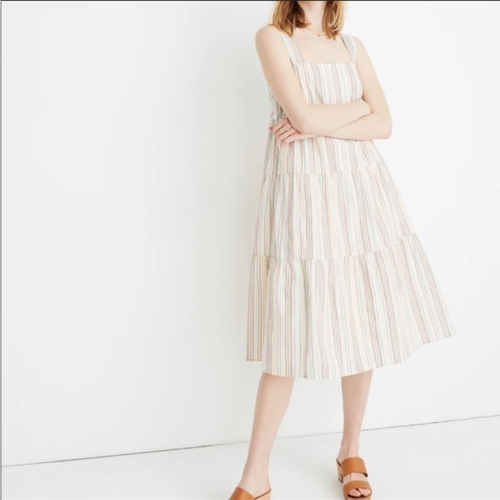 Madewell Tiered Tank Midi‎ Dress Colorful Rainbow Stripe Sundress